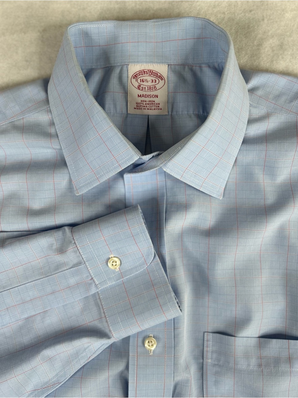 Brooks Brothers Dress Shirt Mens 16.5-33 Blue Madison Check Non-Iron Long Sleeve